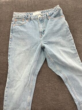 Topshop Mom Jeans in Light Blue Denim with Brown Stitching
